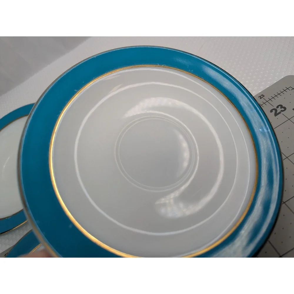 Pyrex Teal Blue Gold Stripe Plate Saucer 6.25 Inch Lot‎ of 5